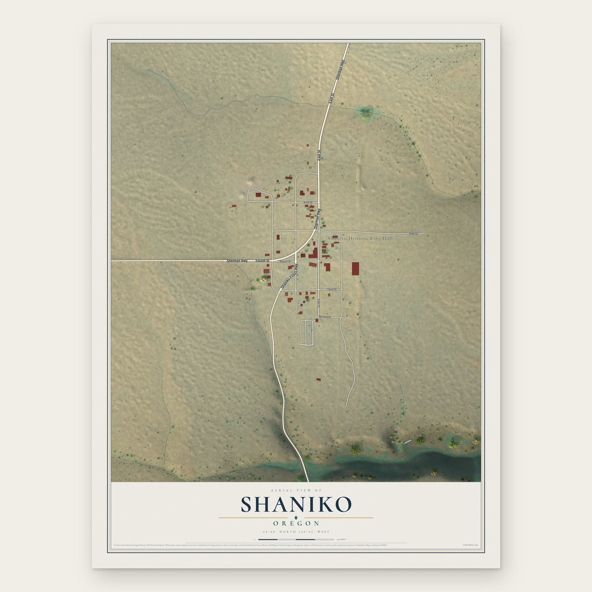 Shaniko, Oregon map print, the full design