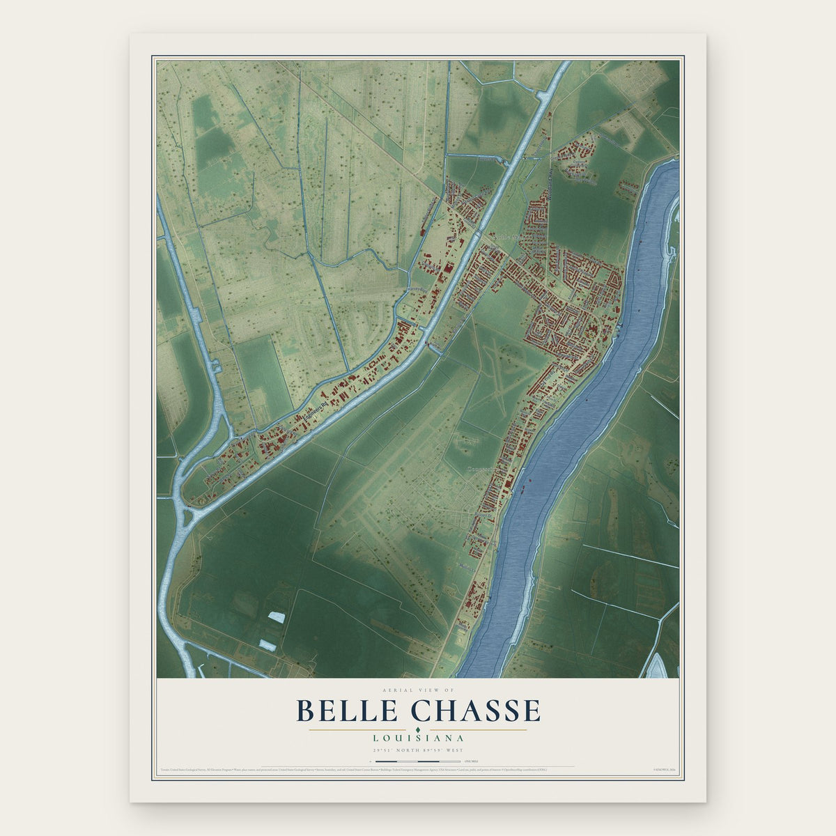 Belle Chasse, Louisiana map print, the full design