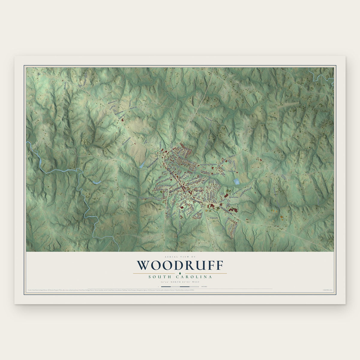 Woodruff, South Carolina map print, the full design