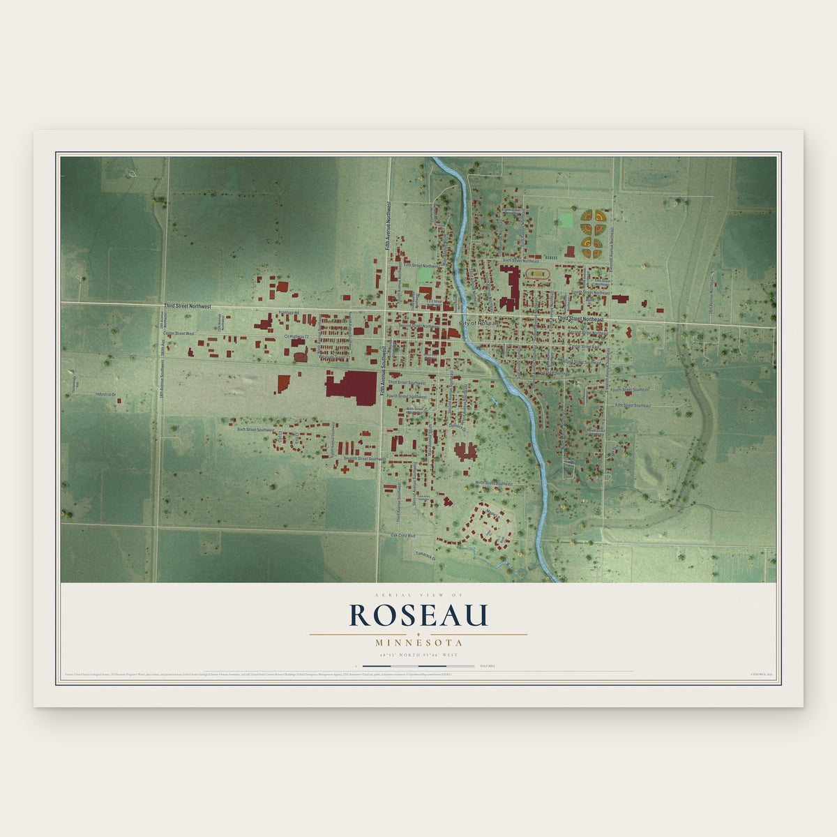 Roseau, Minnesota map print, the full design