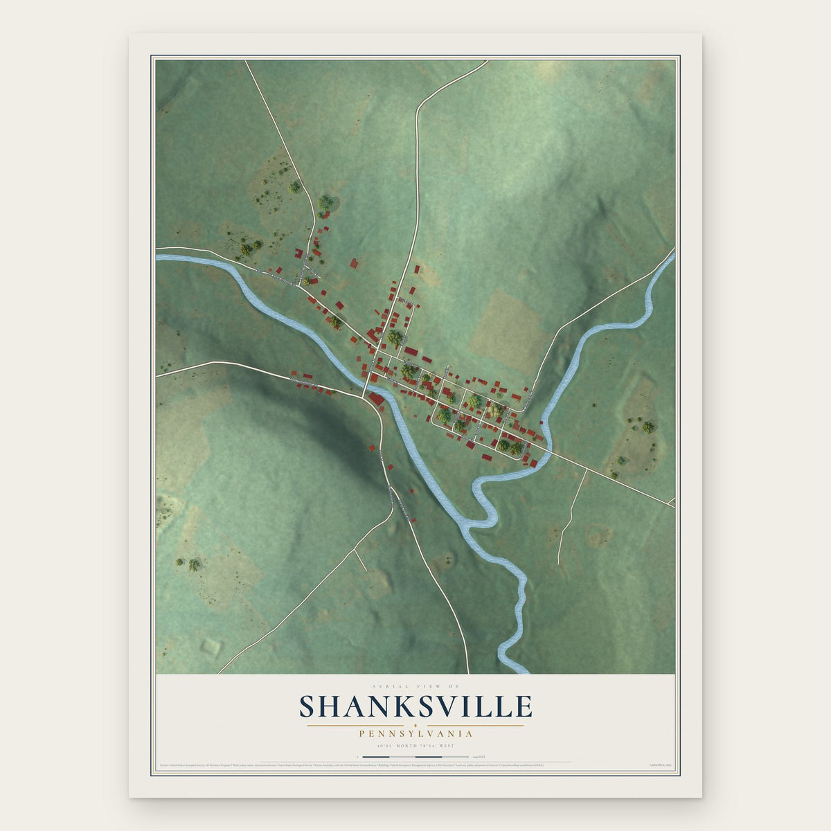 Shanksville, Pennsylvania map print, the full design
