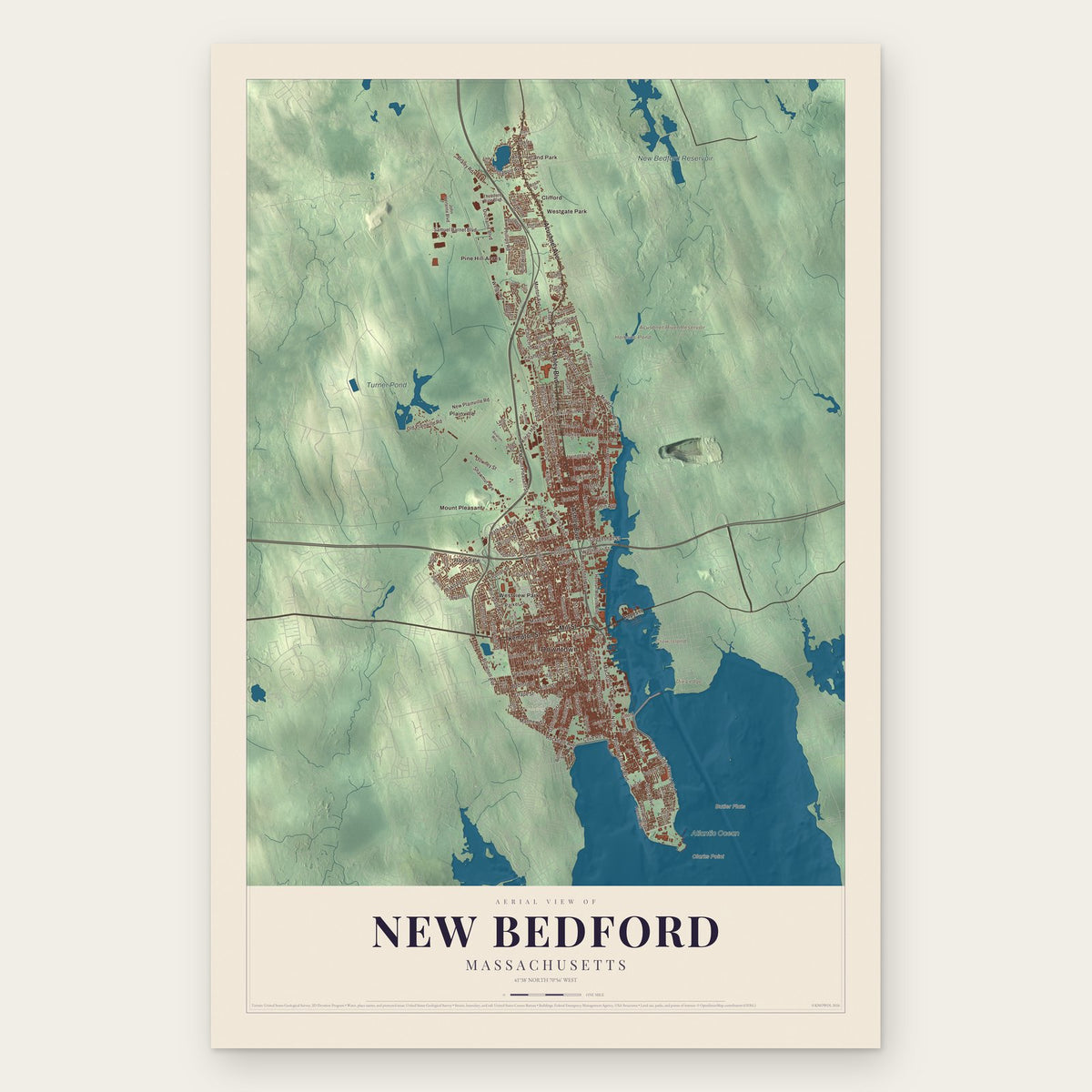 New Bedford, Massachusetts map print, the full design