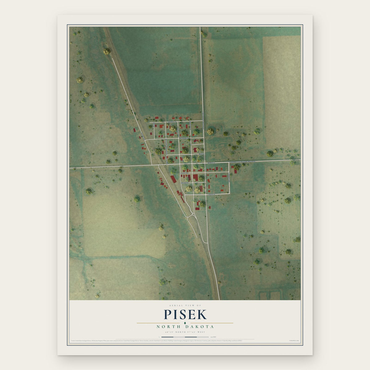 Pisek, North Dakota map print, the full design