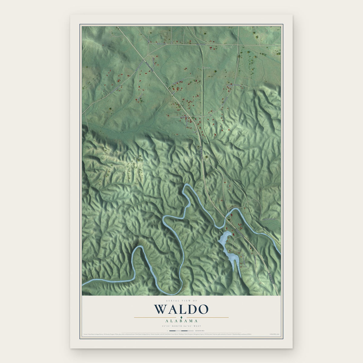 Waldo, Alabama map print, the full design