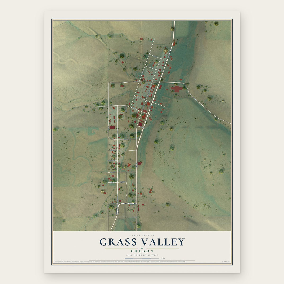 Grass Valley, Oregon map print, the full design