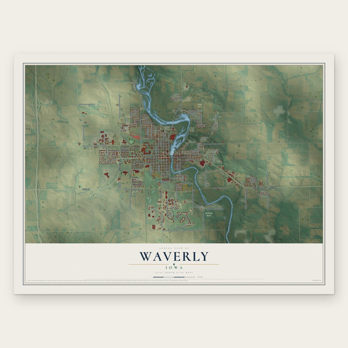 Waverly, Iowa map print, the full design