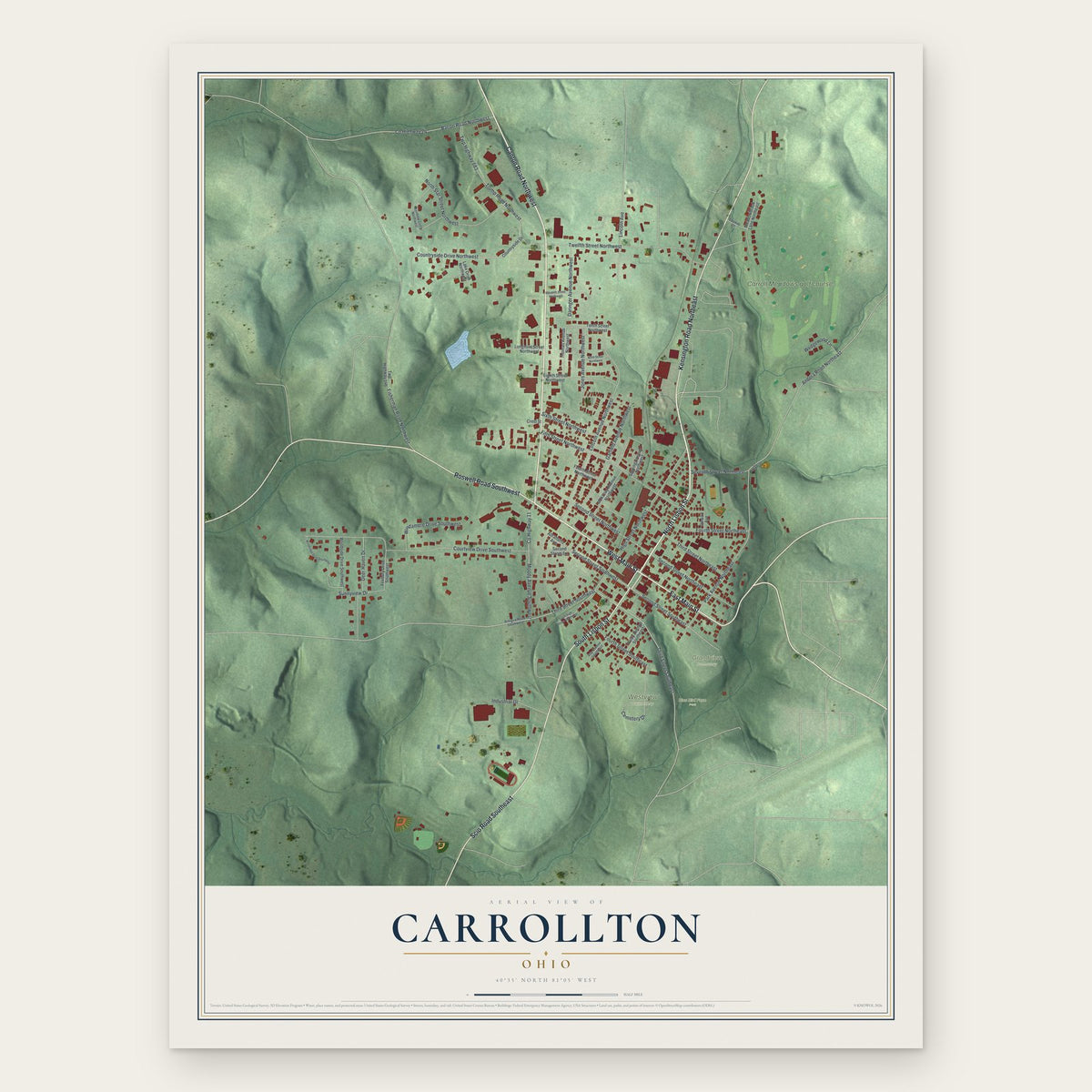 Carrollton, Ohio map print, the full design