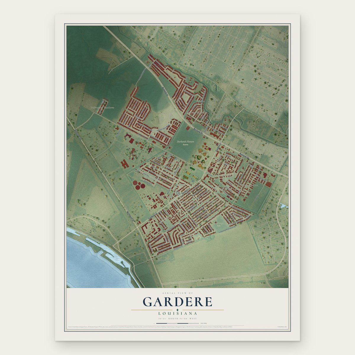 Gardere, Louisiana map print, the full design