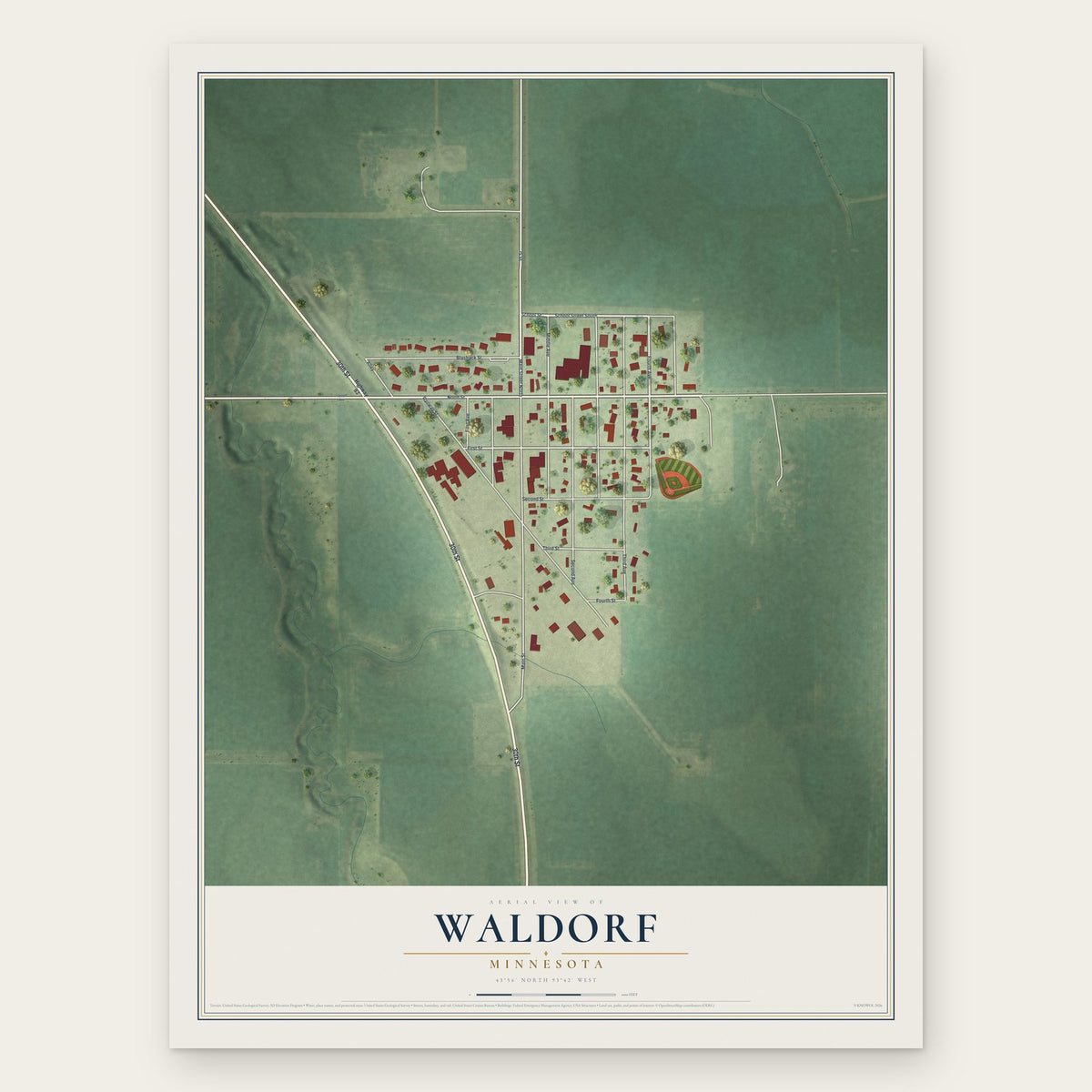Waldorf, Minnesota map print, the full design