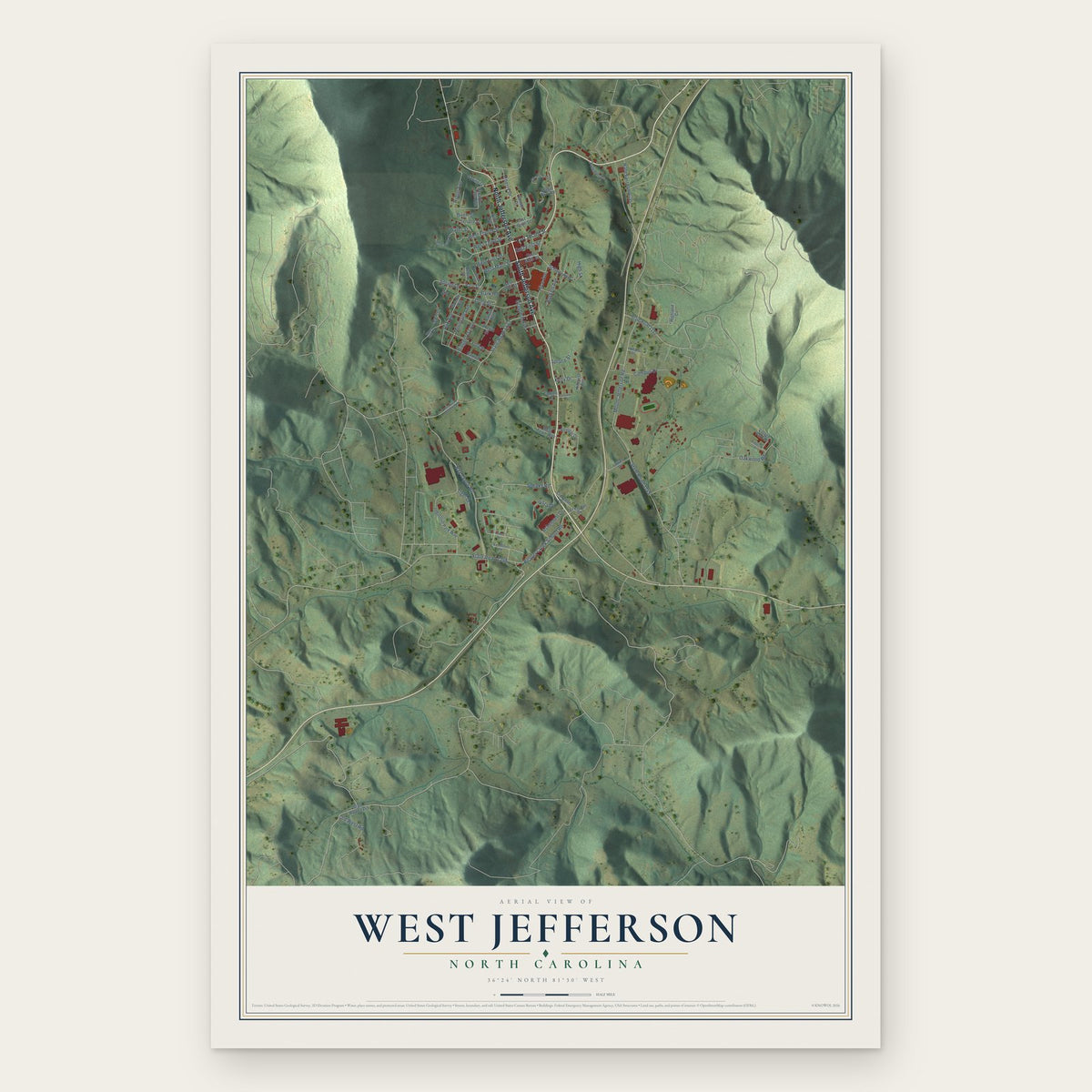 West Jefferson, North Carolina map print, the full design