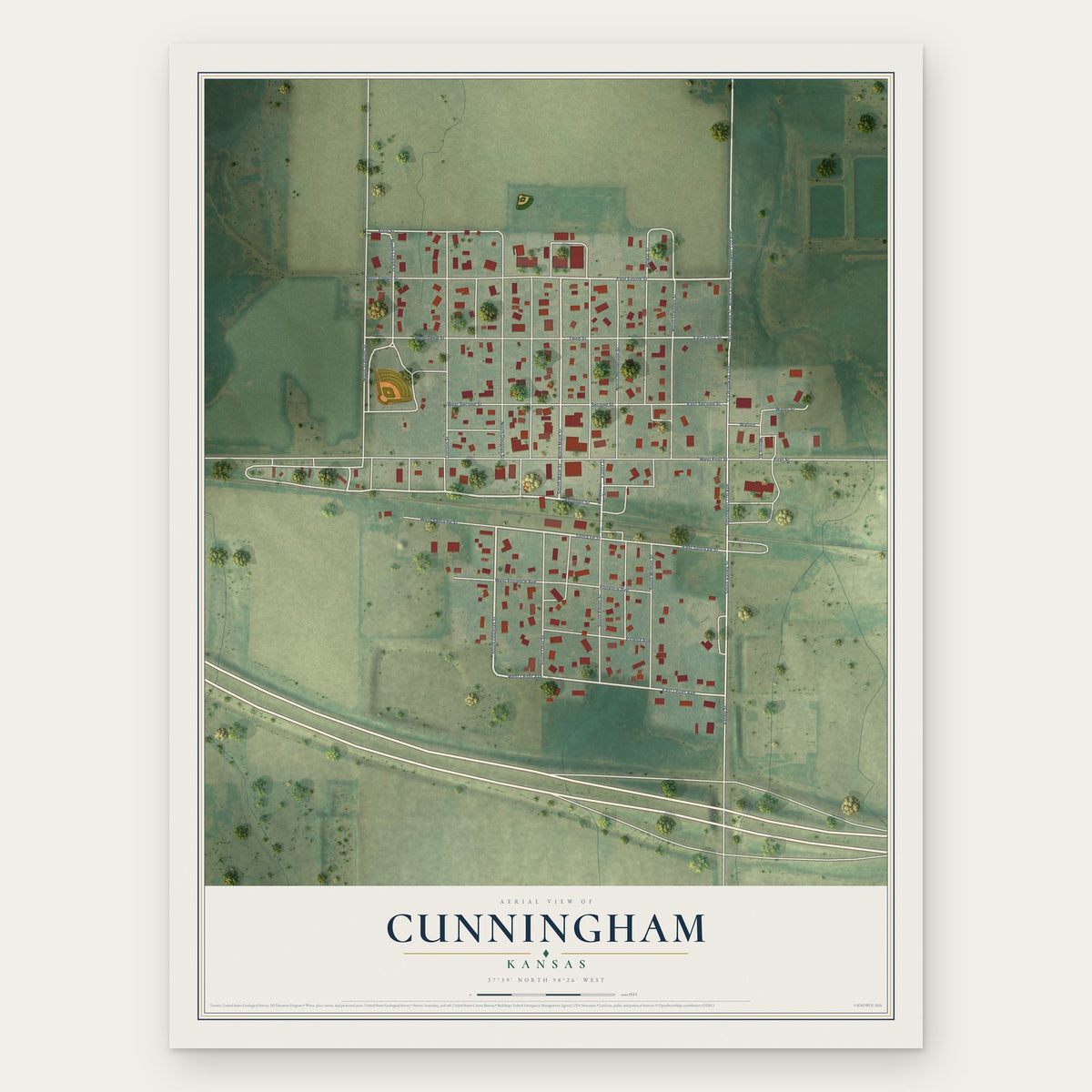 Cunningham, Kansas map print, the full design