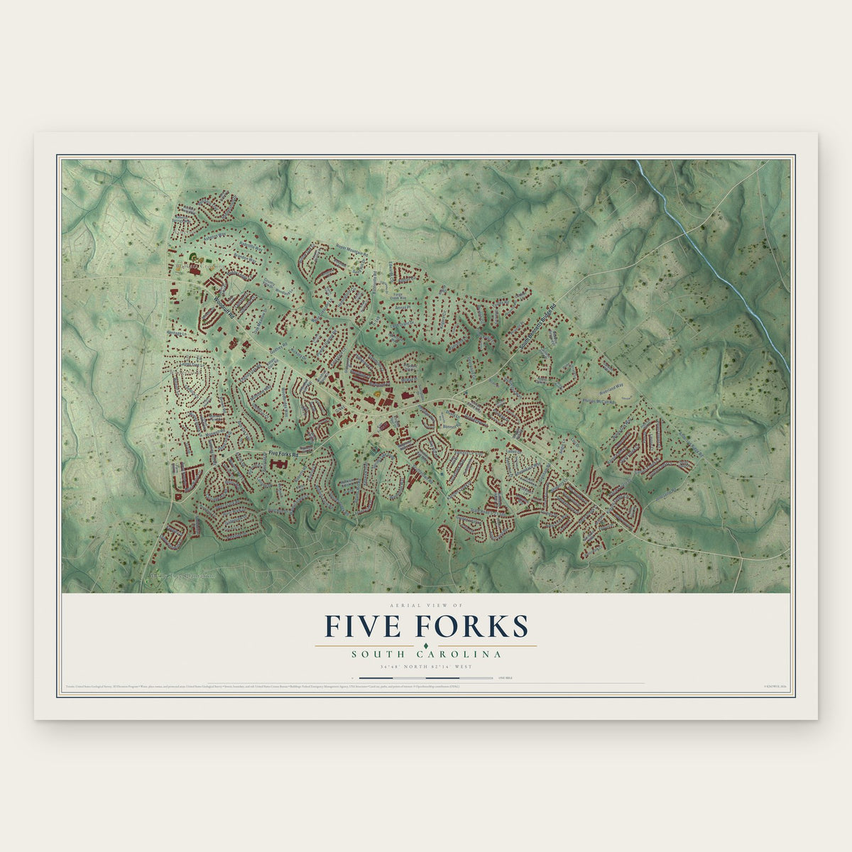 Five Forks, South Carolina map print, the full design