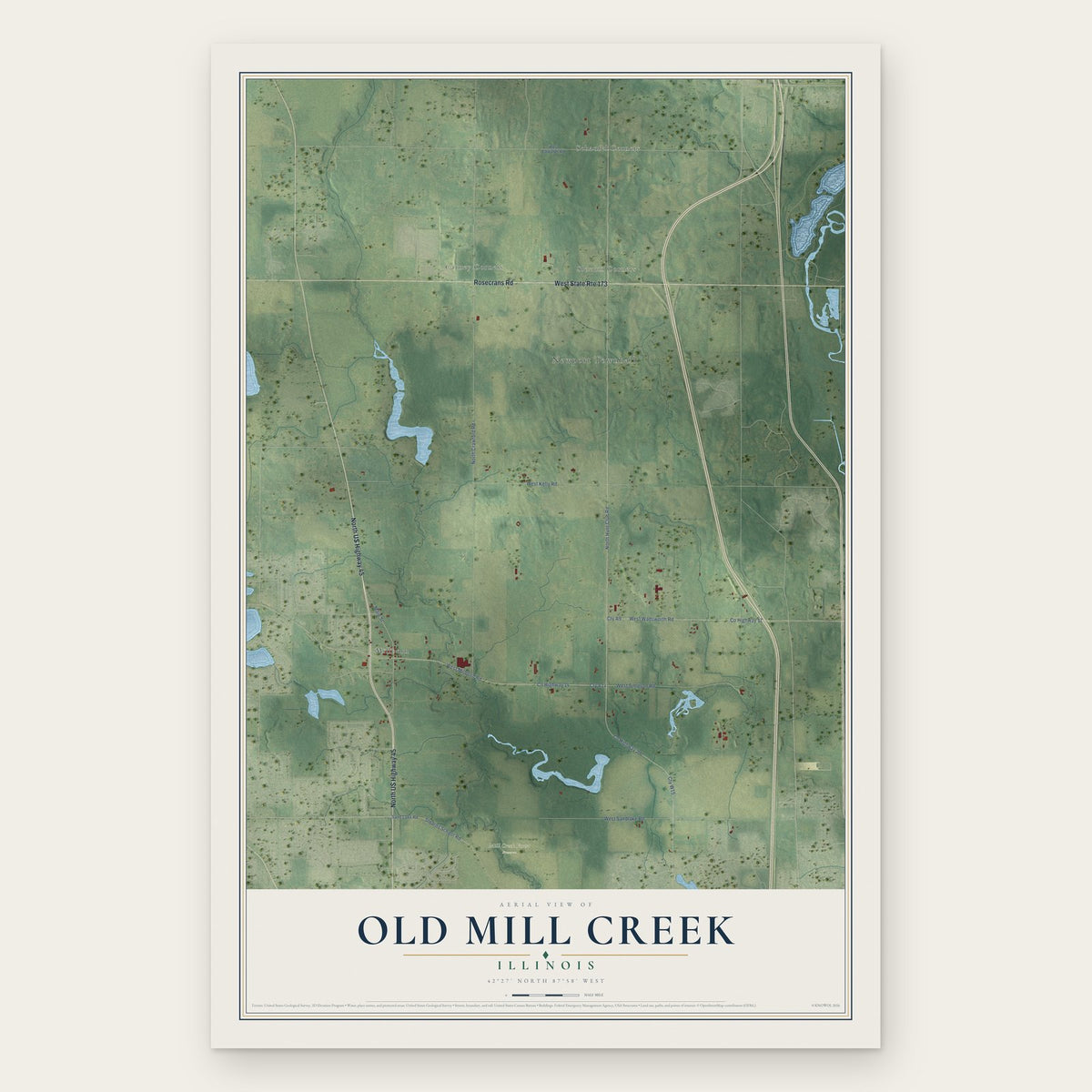Old Mill Creek, Illinois map print, the full design