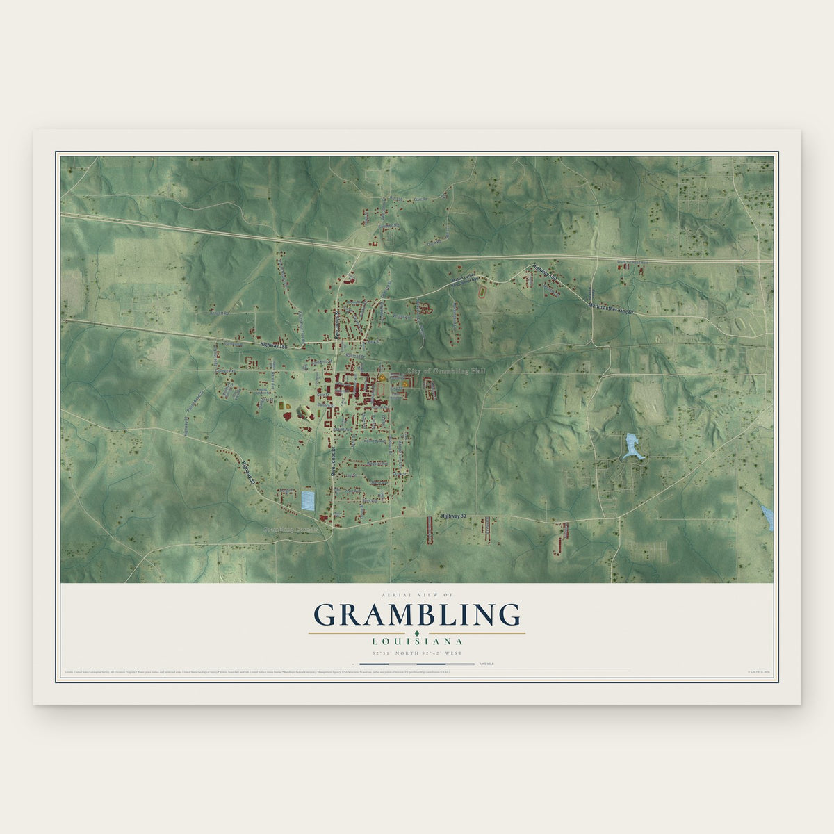 Grambling, Louisiana map print, the full design