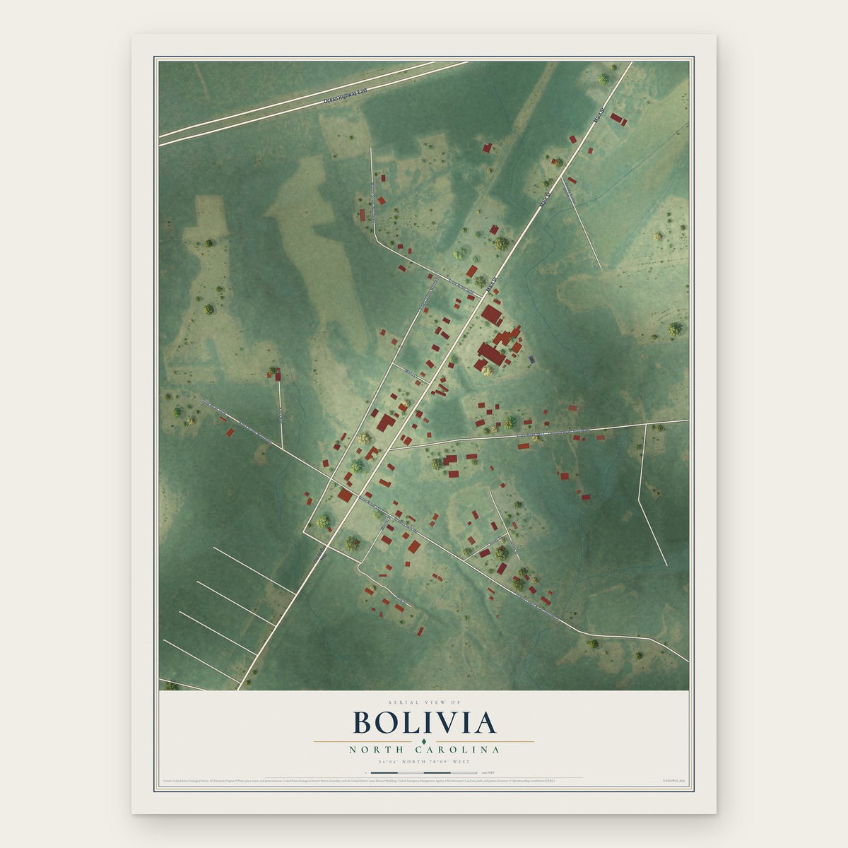 Bolivia, North Carolina map print, the full design