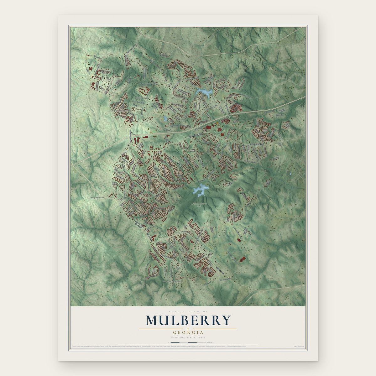 Mulberry, Georgia map print, the full design