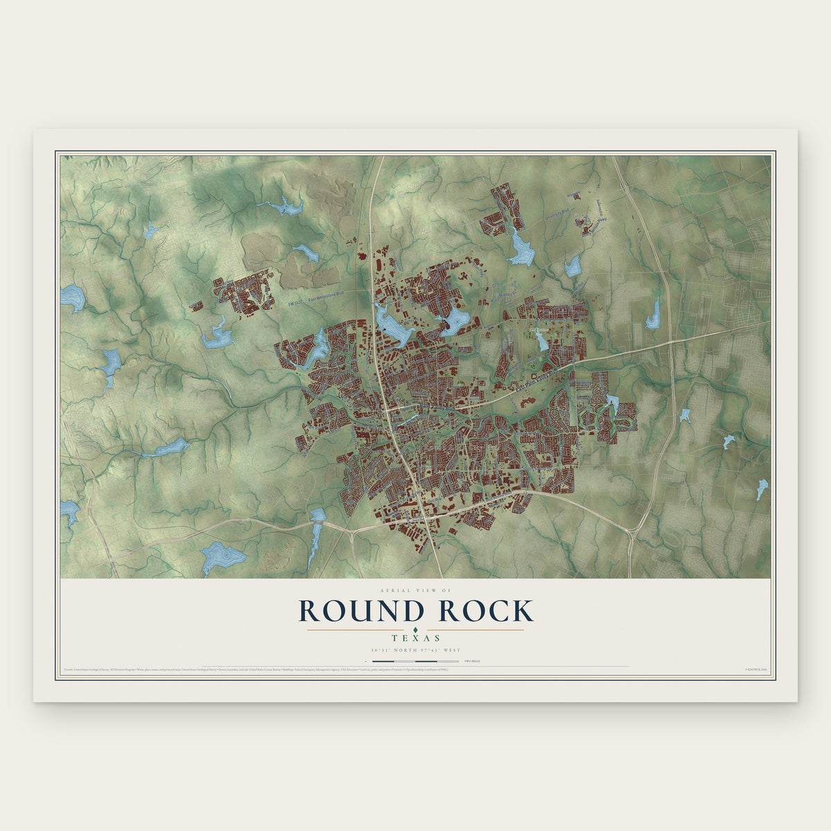 Round Rock, Texas map print, the full design