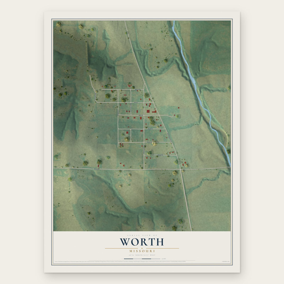 Worth, Missouri map print, the full design
