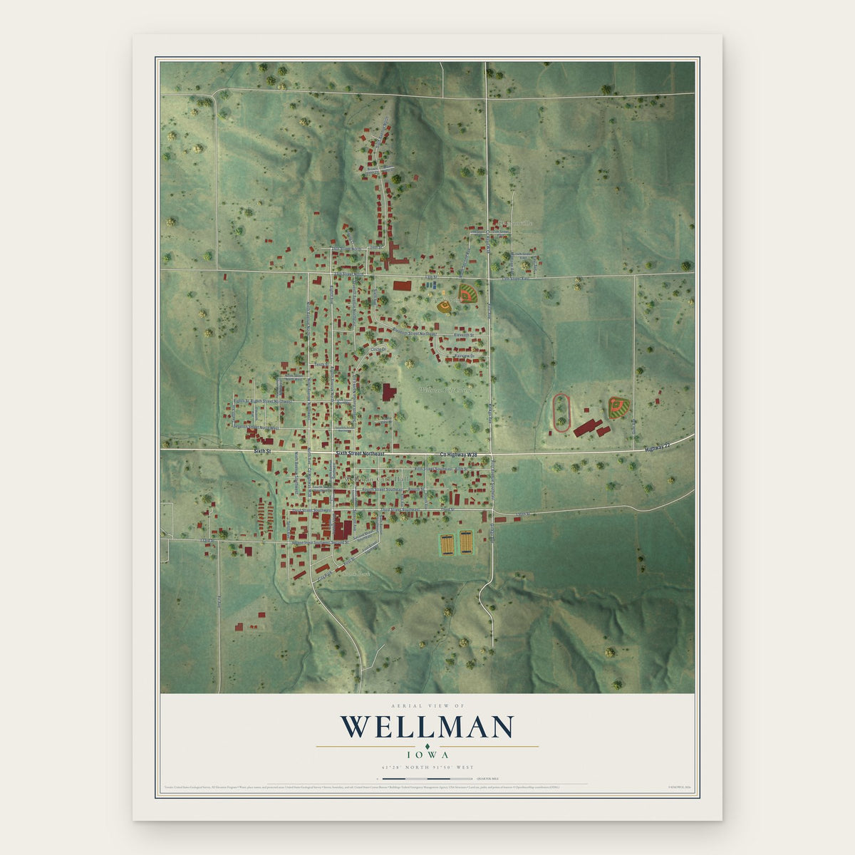 Wellman, Iowa map print, the full design