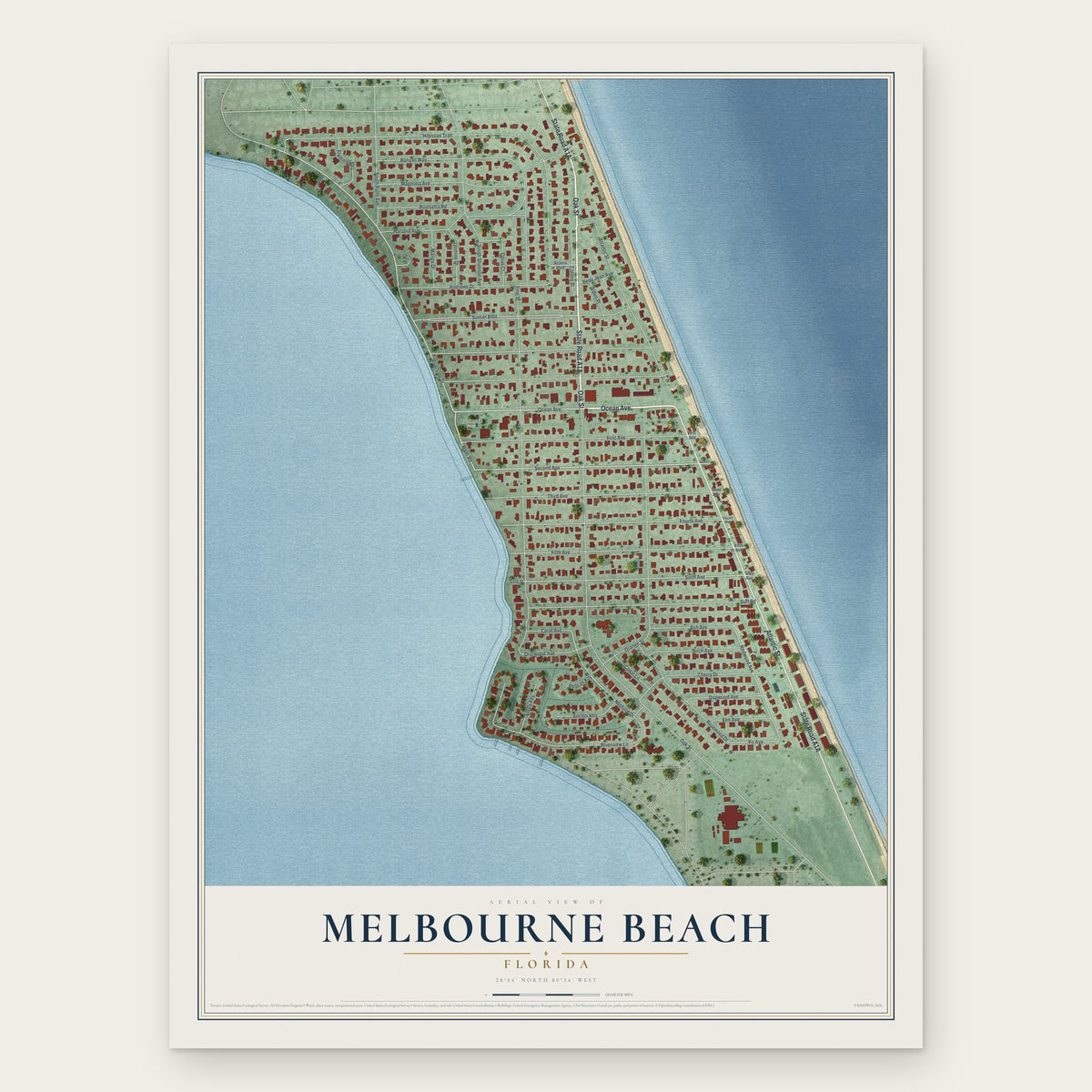 Melbourne Beach, Florida map print, the full design