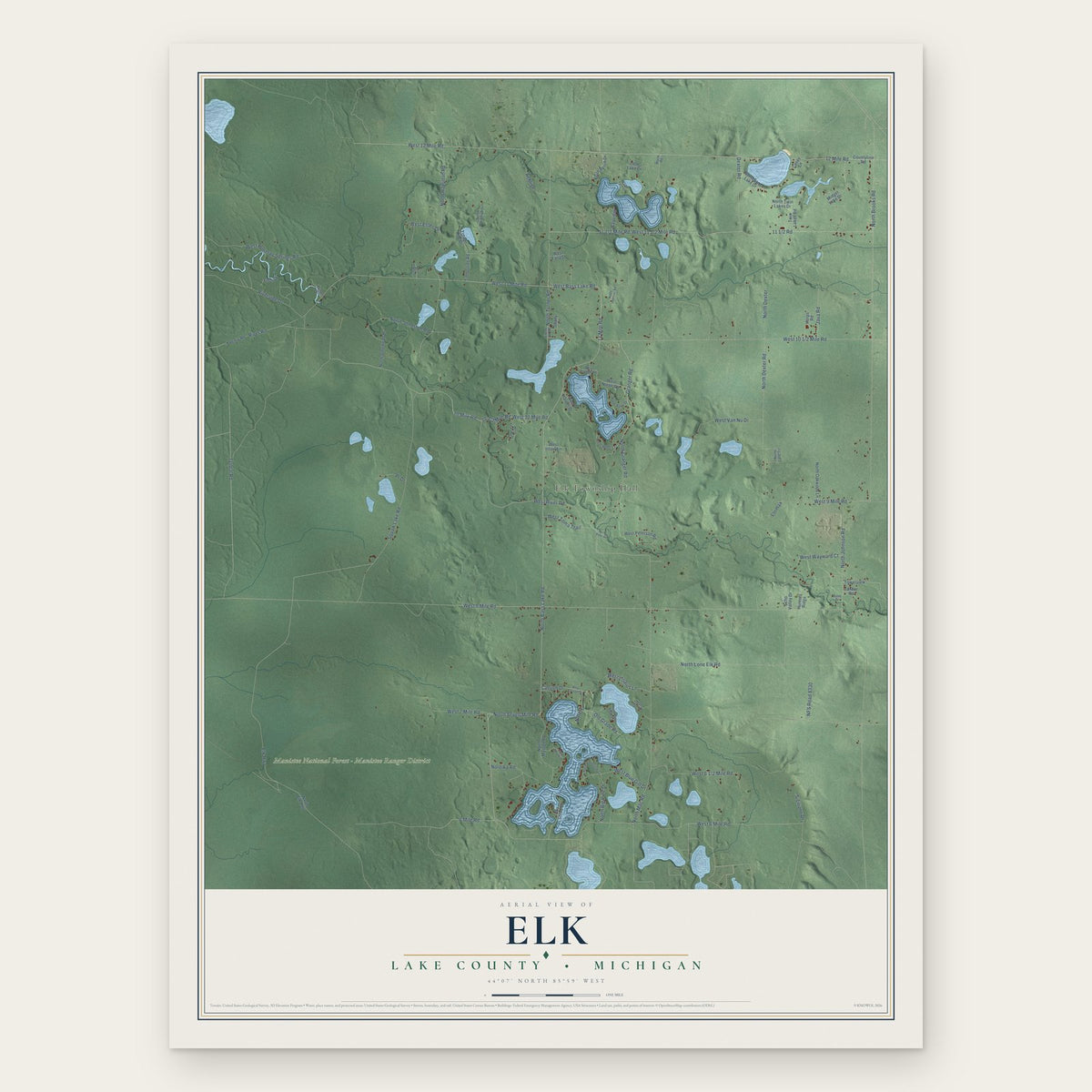 Elk, Lake County, Michigan map print, the full design