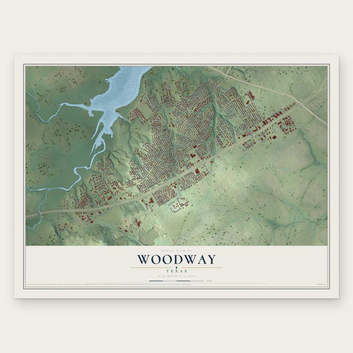 Woodway, Texas map print, the full design
