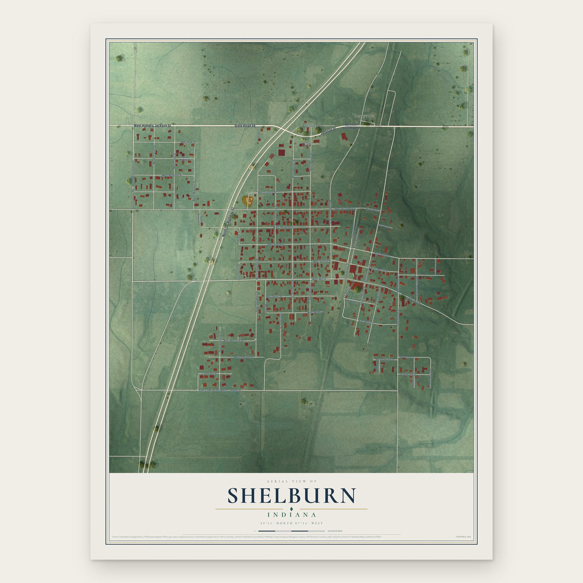 Shelburn, Indiana map print, the full design
