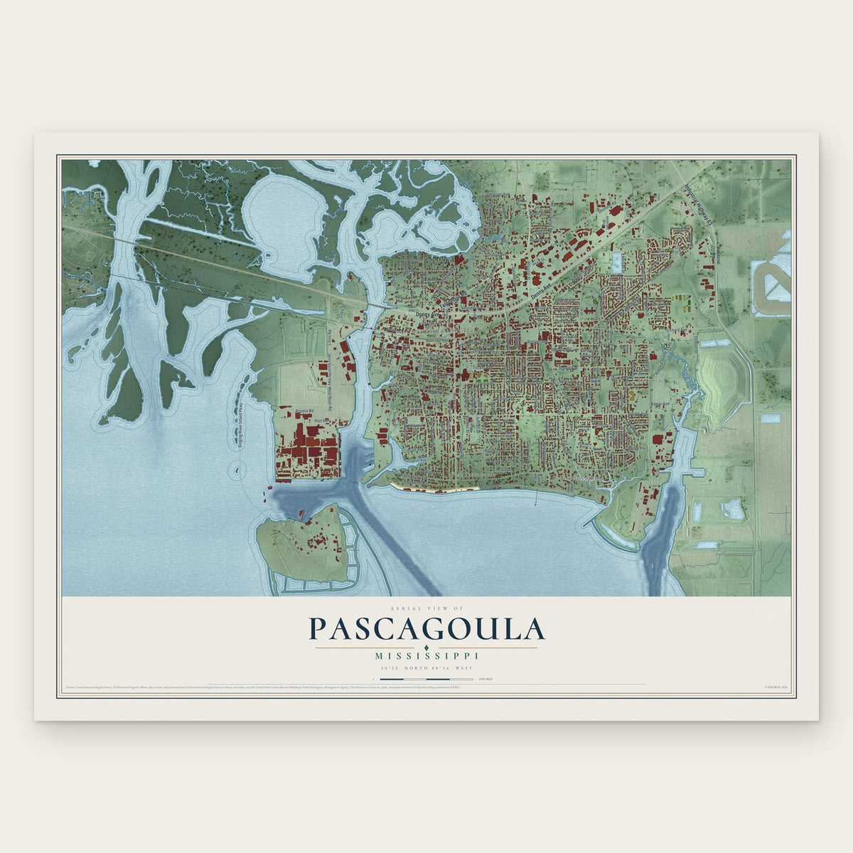 Pascagoula, Mississippi map print, the full design