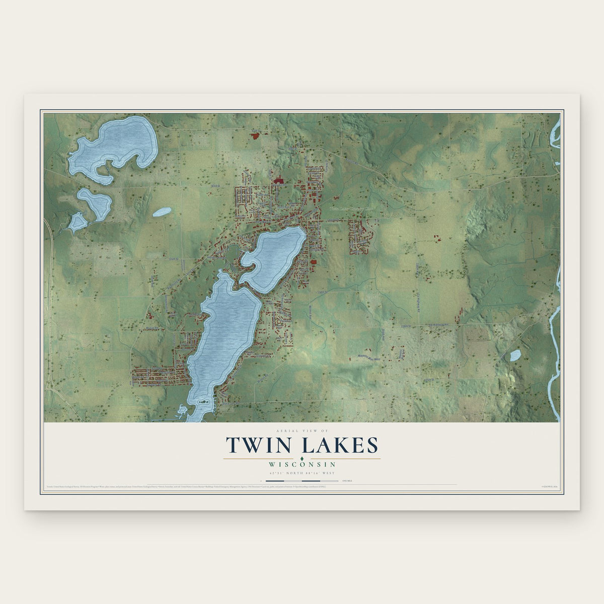 Twin Lakes, Wisconsin map print, the full design