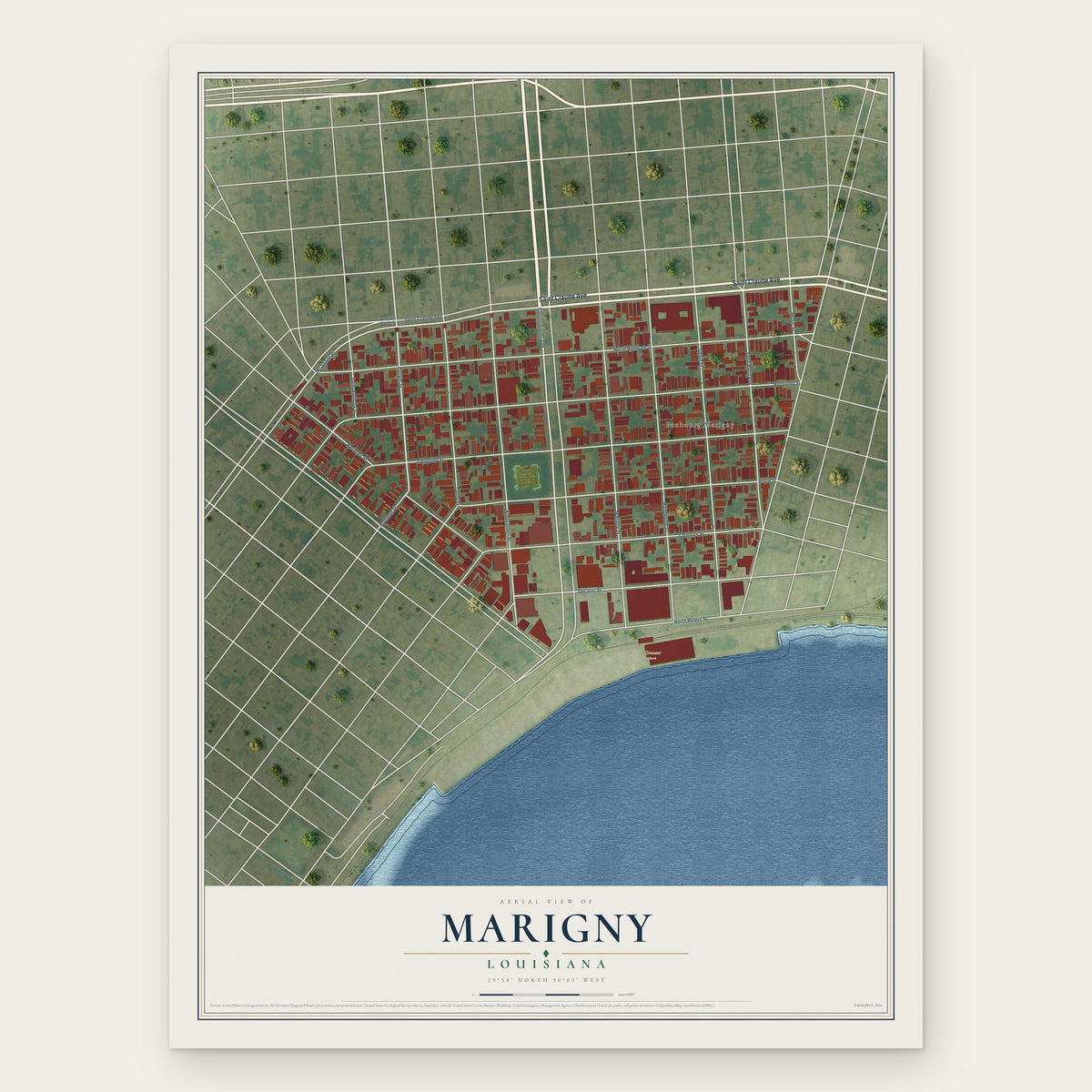 Marigny, Louisiana map print, the full design