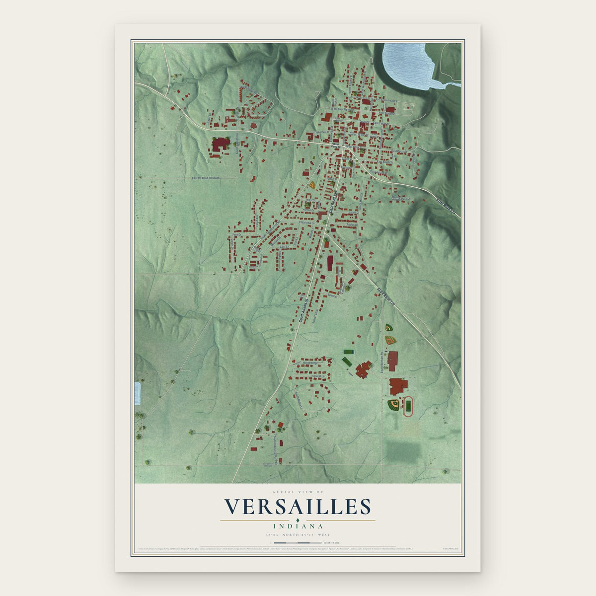 Versailles, Indiana map print, the full design