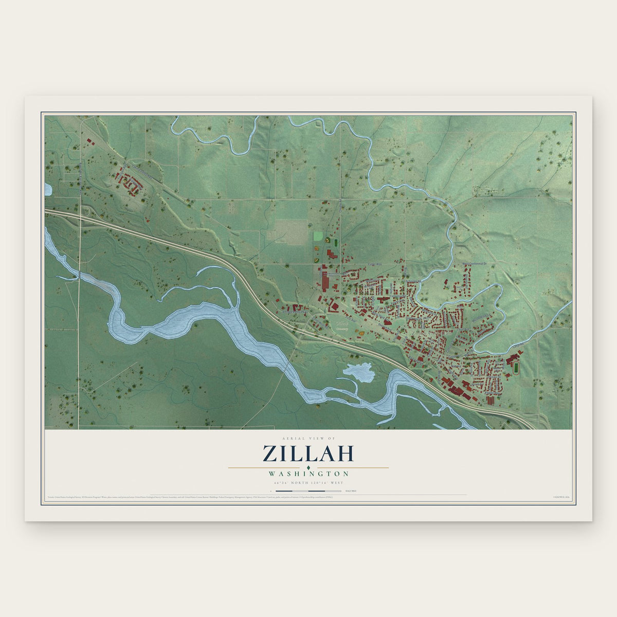 Zillah, Washington map print, the full design