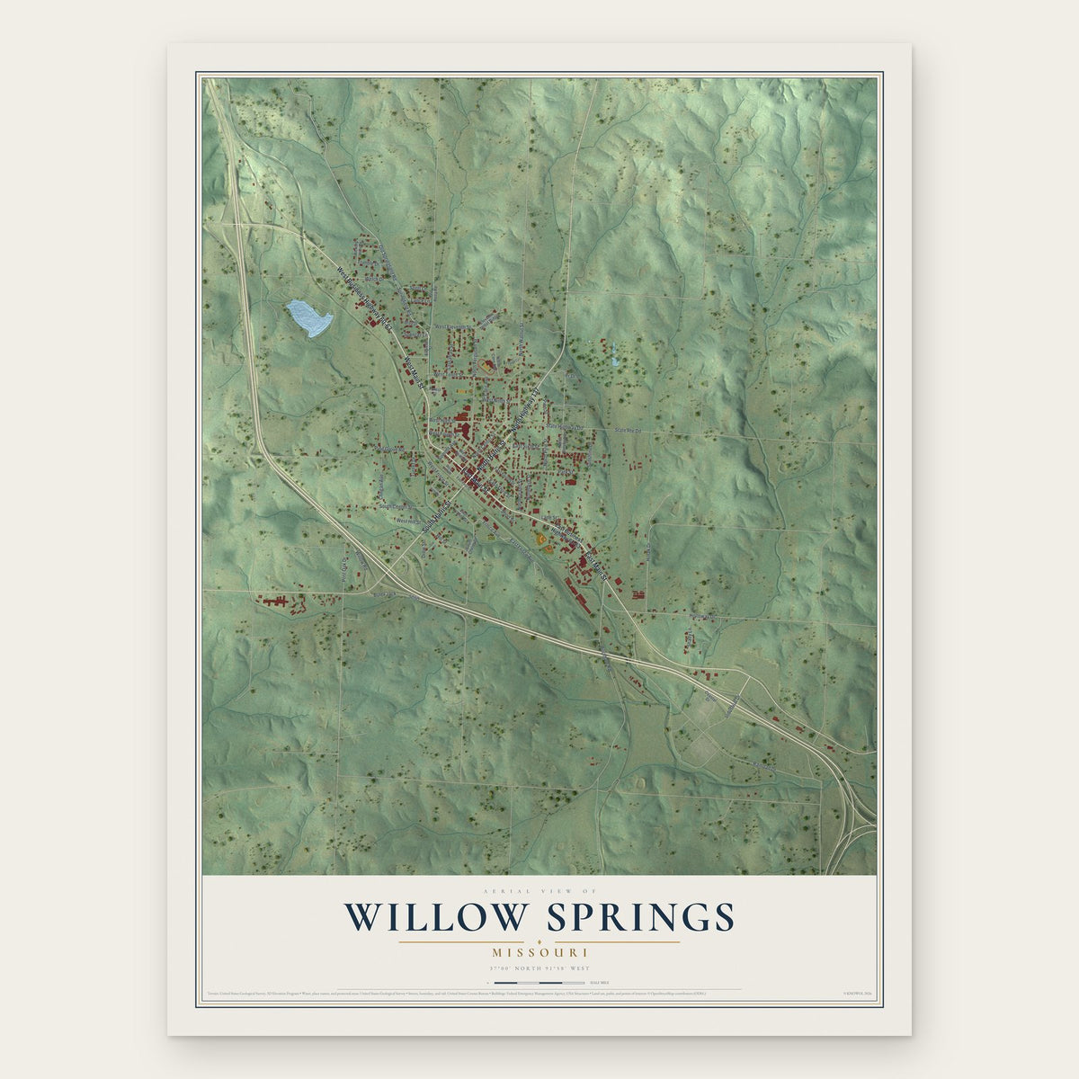 Willow Springs, Missouri map print, the full design