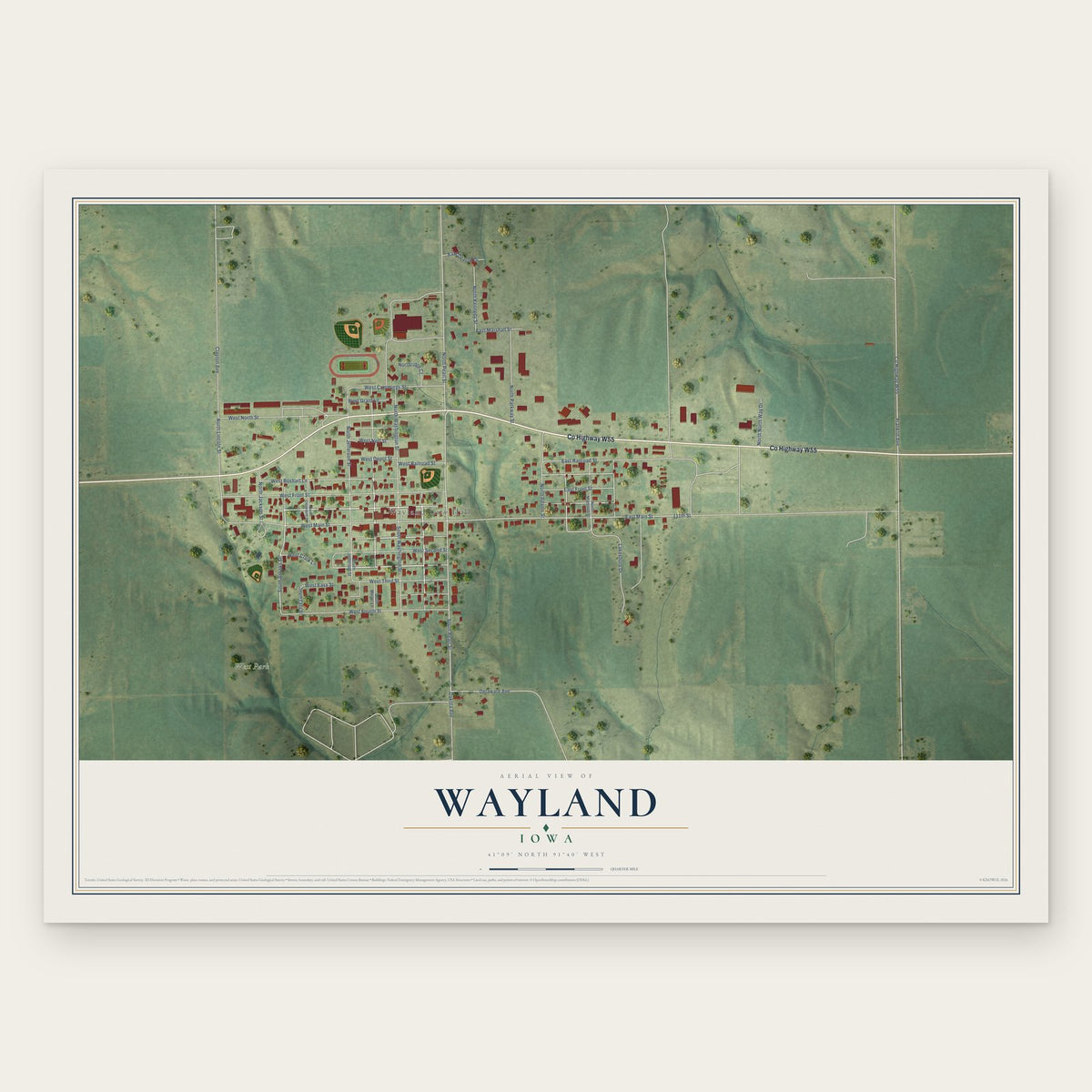 Wayland, Iowa map print, the full design