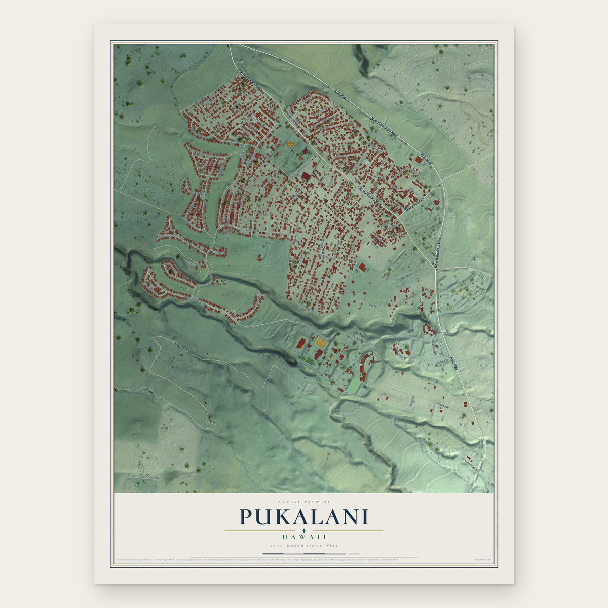 Pukalani, Hawaii map print, the full design
