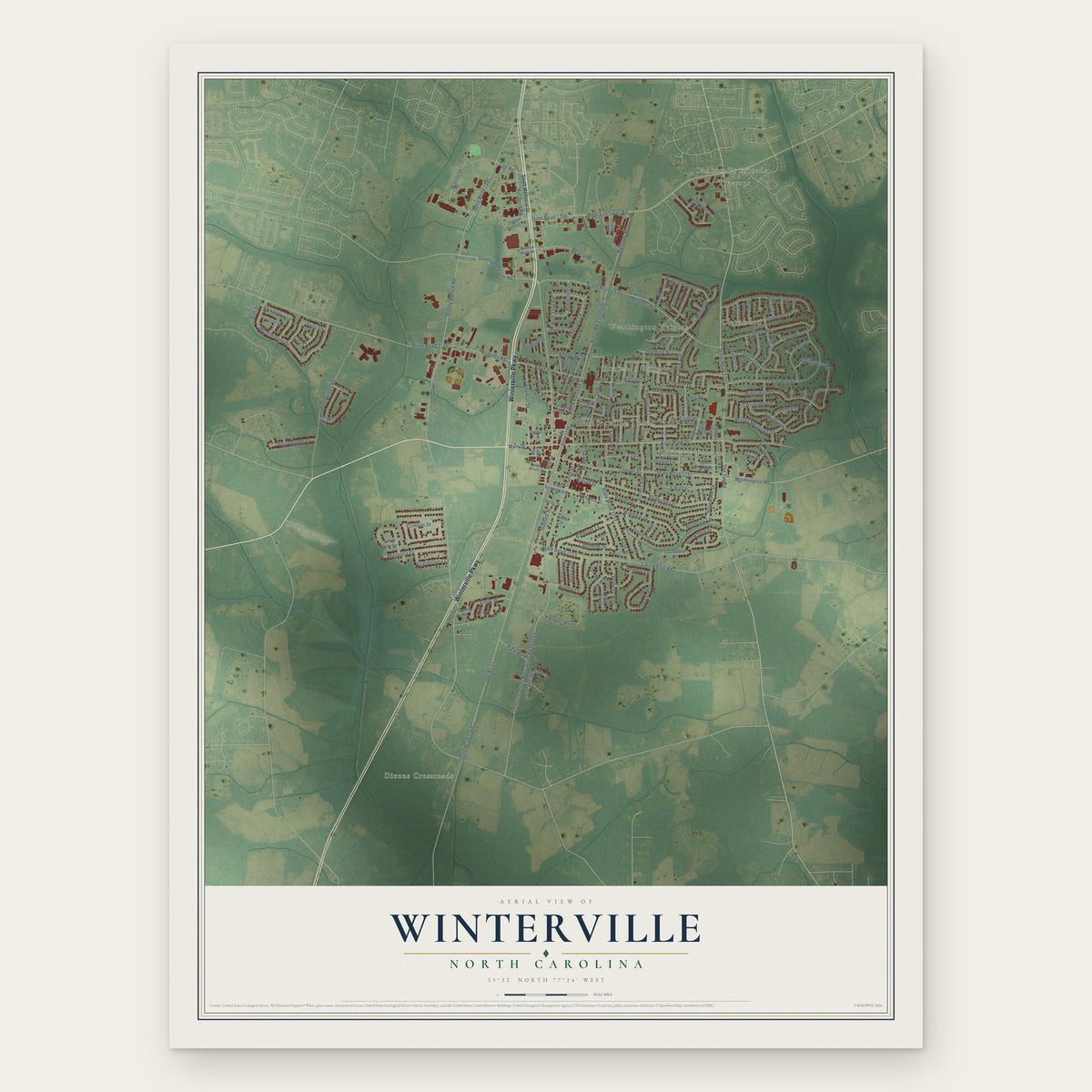 Winterville, North Carolina map print, the full design