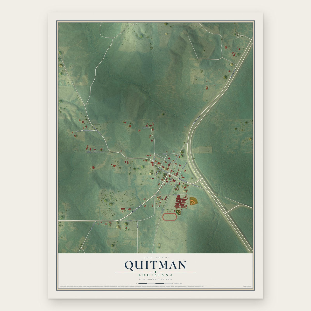 Quitman, Louisiana map print, the full design