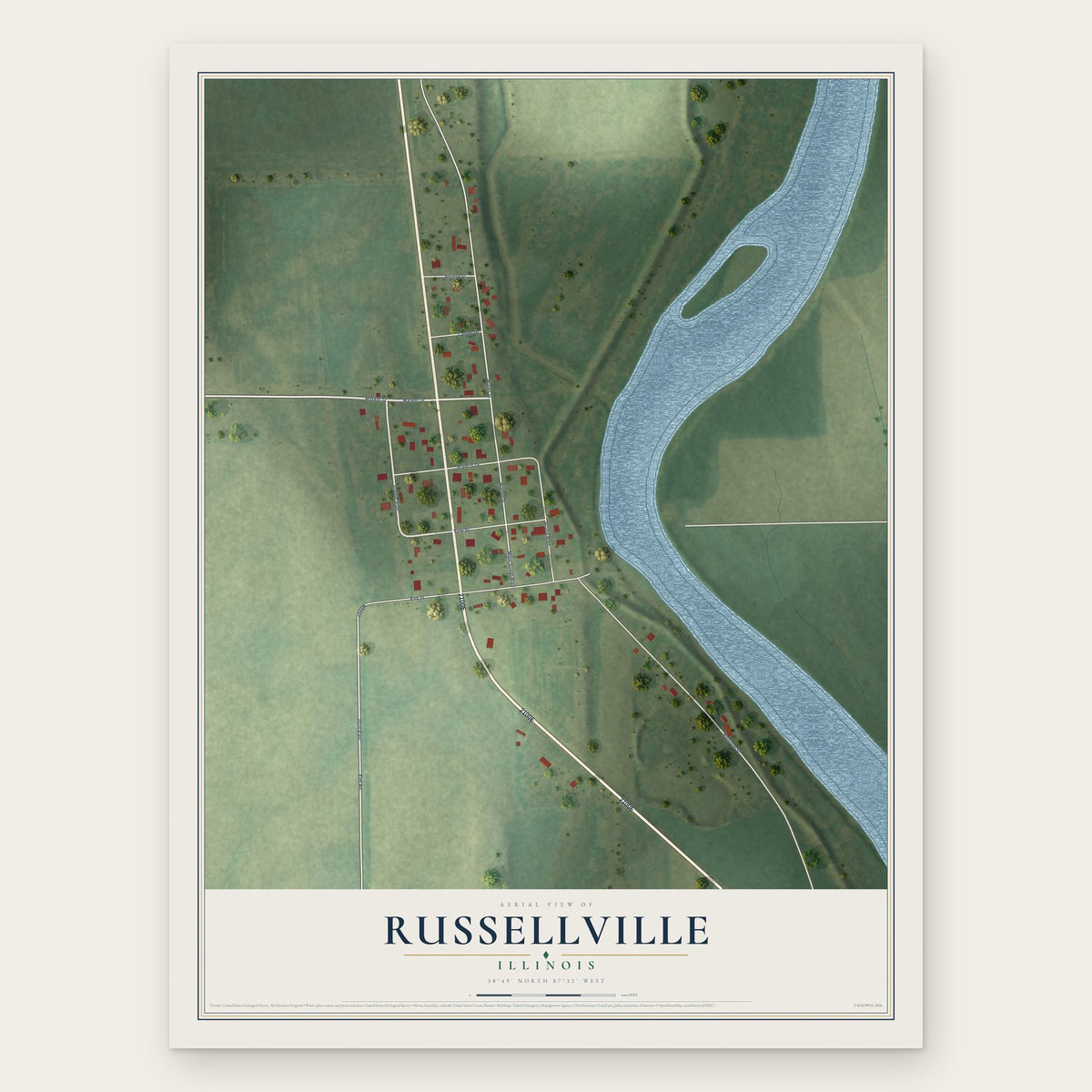Russellville, Illinois map print, the full design
