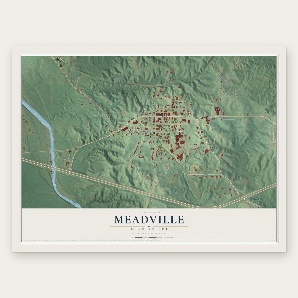 Meadville, Mississippi map print, the full design