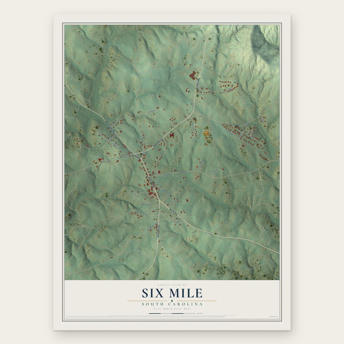 Six Mile, South Carolina map print, the full design