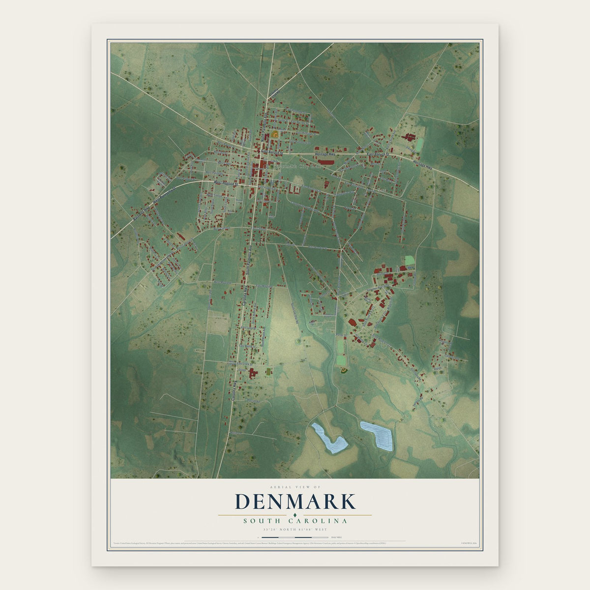 Denmark, South Carolina map print, the full design