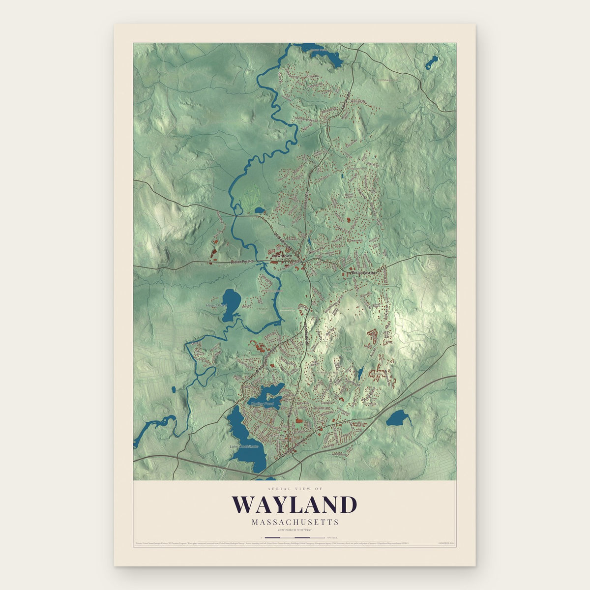 Wayland, Massachusetts map print, the full design