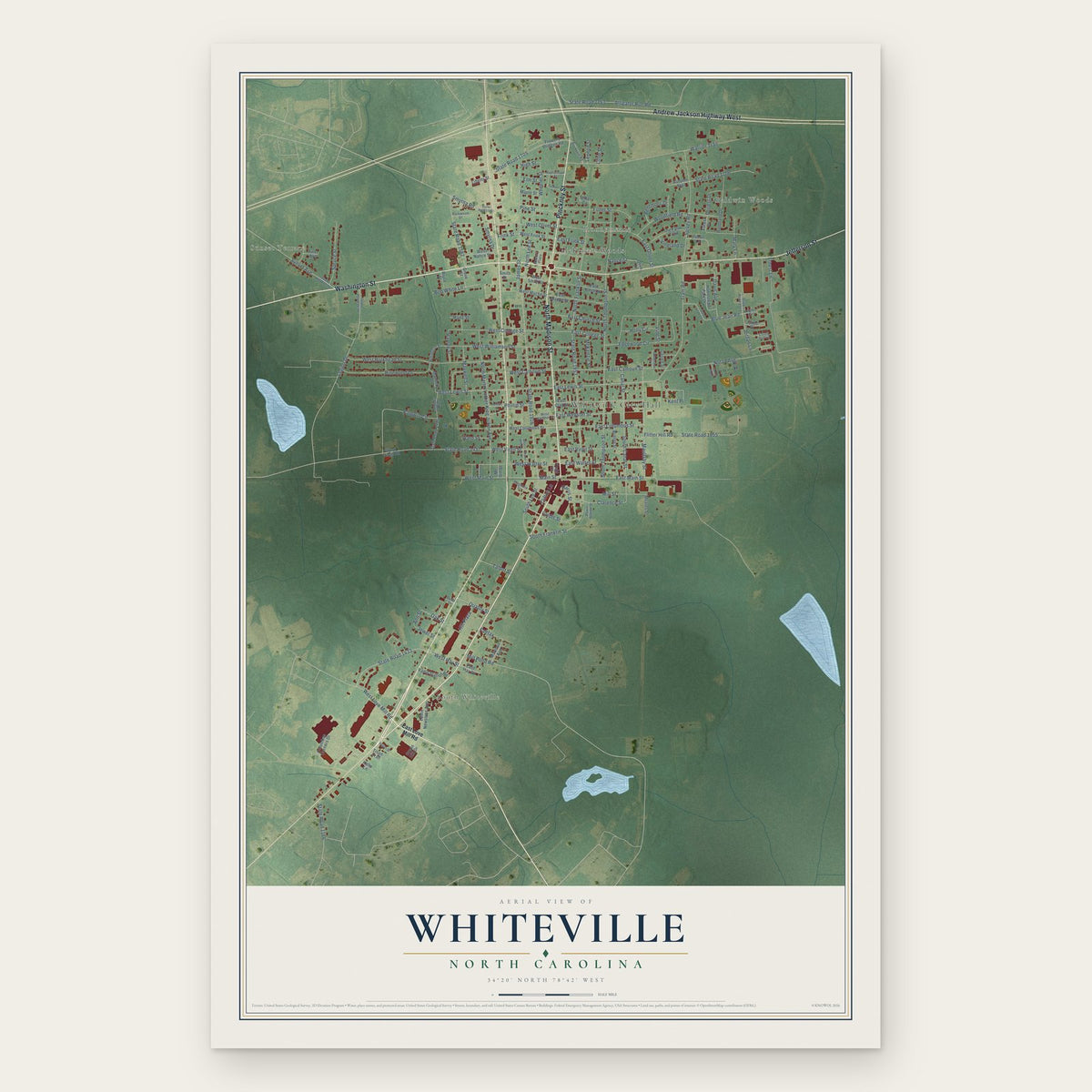 Whiteville, North Carolina map print, the full design