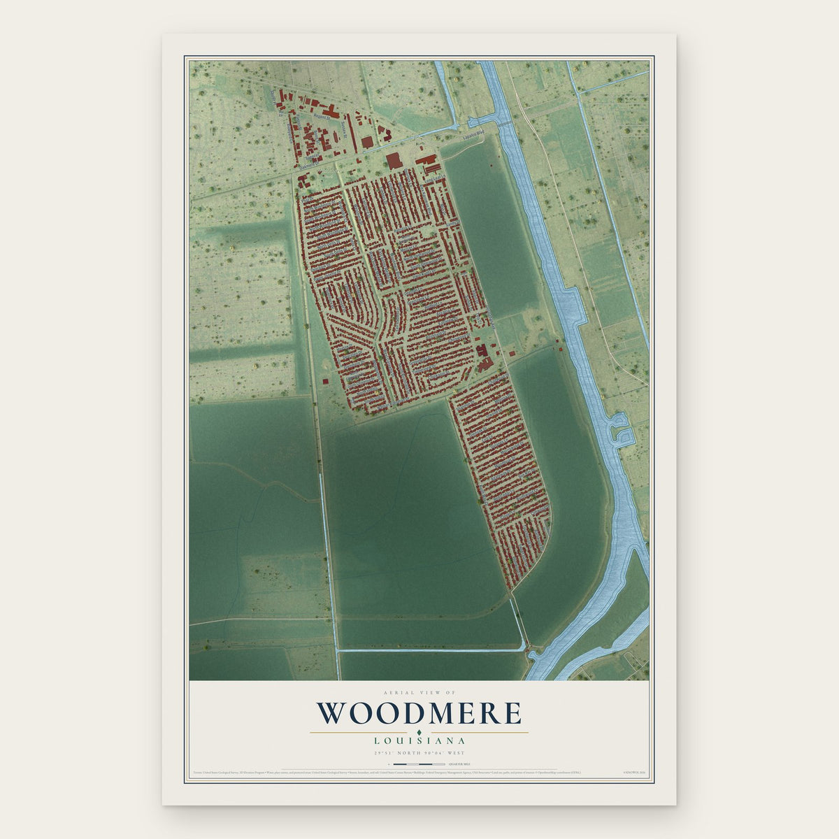 Woodmere, Louisiana map print, the full design