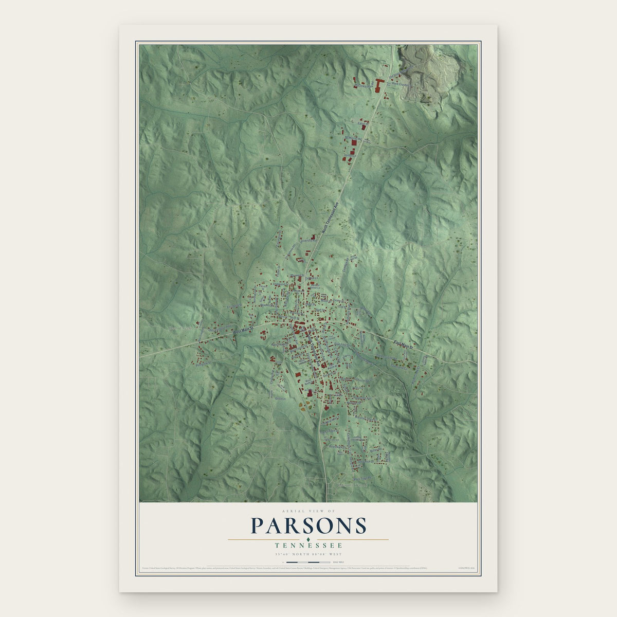 Parsons, Tennessee map print, the full design