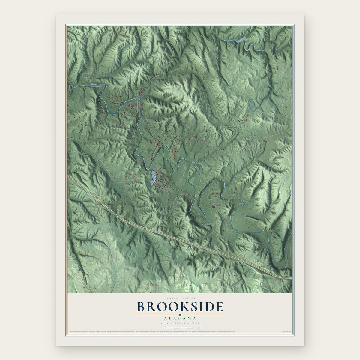 Brookside, Alabama map print, the full design