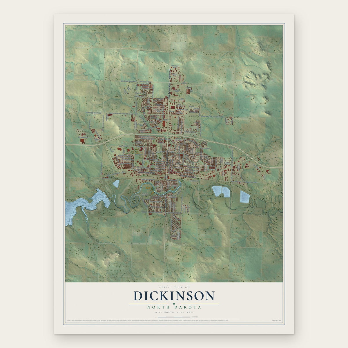 Dickinson, North Dakota map print, the full design