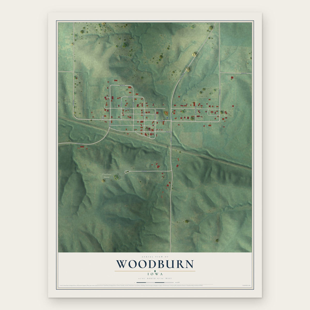 Woodburn, Iowa map print, the full design