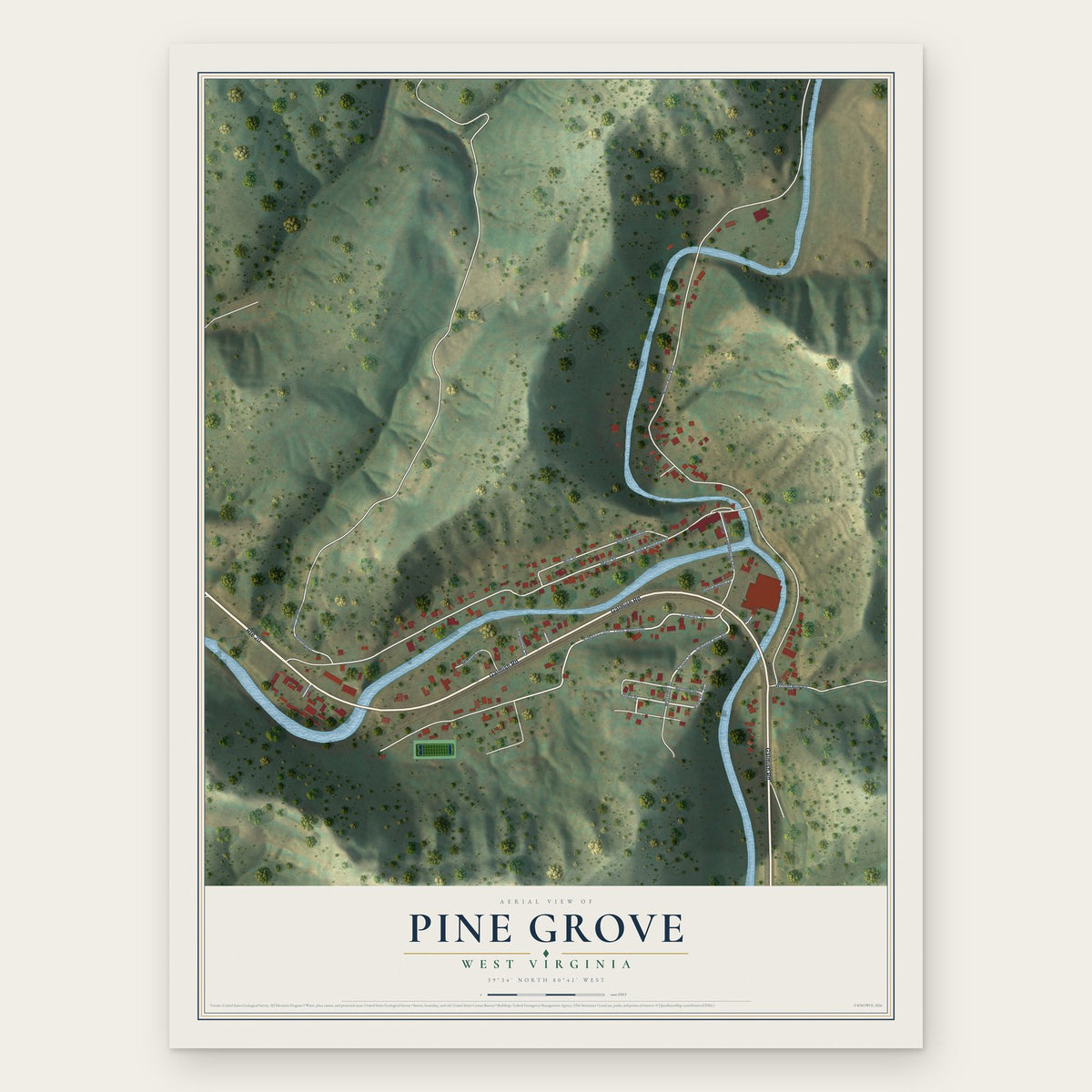 Pine Grove, West Virginia map print, the full design