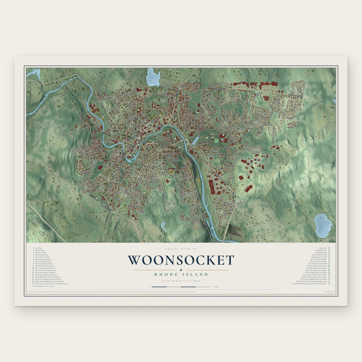 Woonsocket, Rhode Island map print, the full design